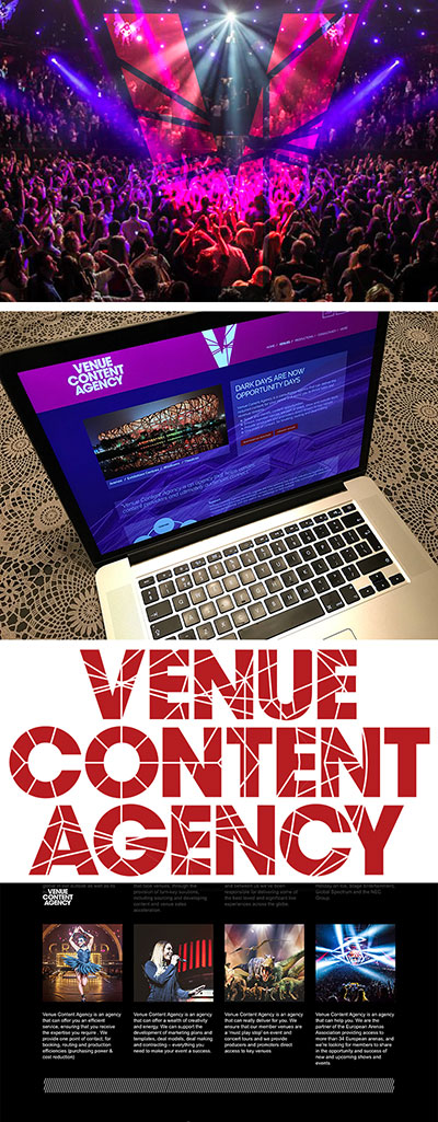 Identiteit, logo en website design voor Venue Content Agency een nieuwkomer in de entertainment branche.