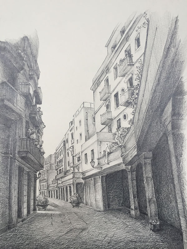 BARCELONA, 2015 POTLOOD OP PAPIER, 25x35 cm